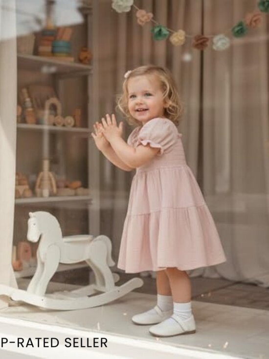 Boho Smocked Puff Sleeve Toddler Dress Cotton Blend A-Line Princess Casual - Picture 2 of 7